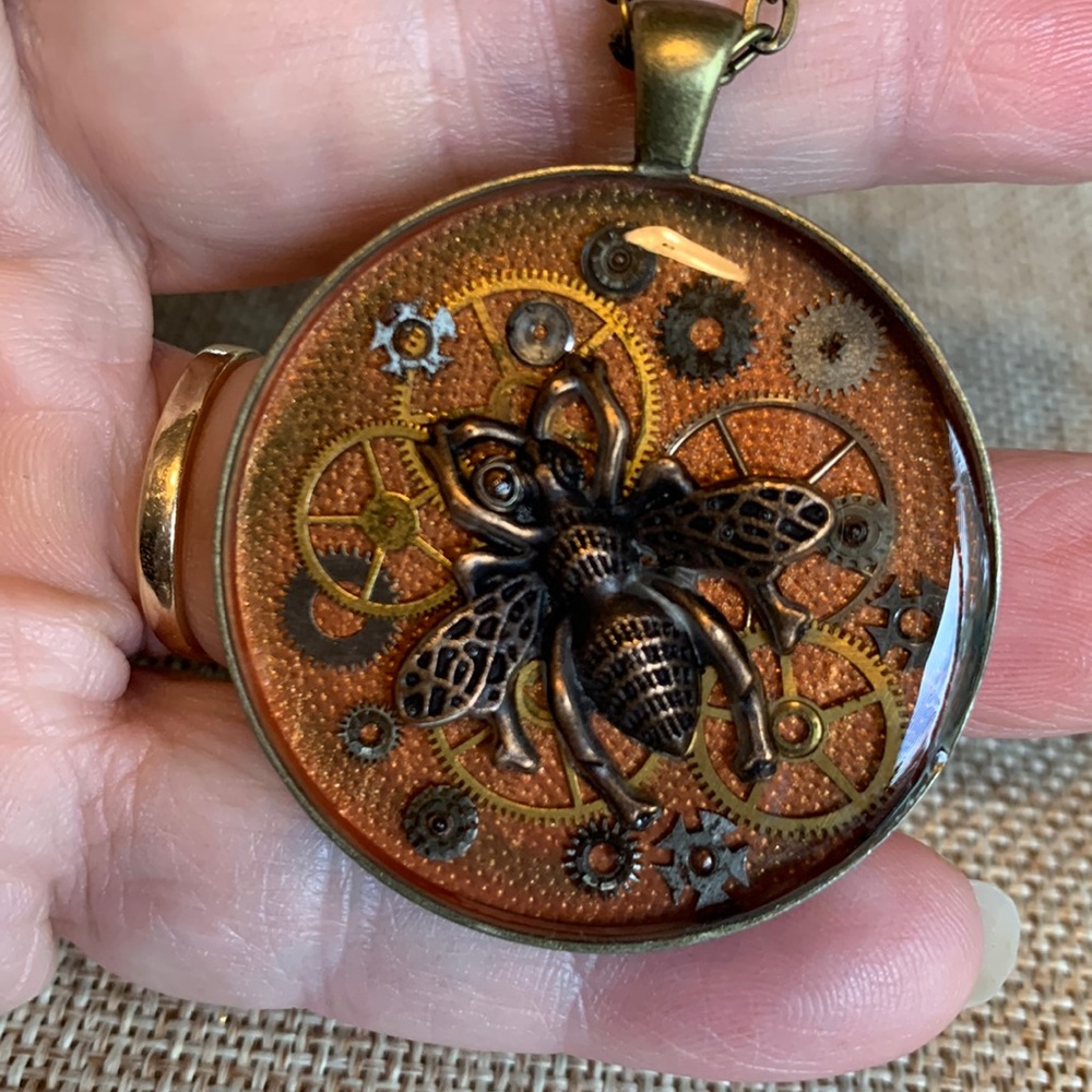 Handmade Bee Necklace Vintage Watch Gears